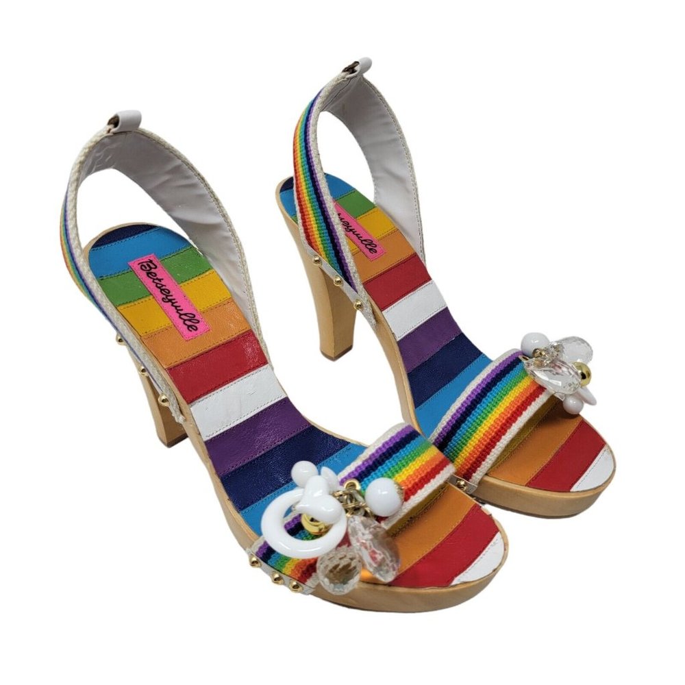 Betsey Johnson Multicolor Rainbow Striped Slingback Heels